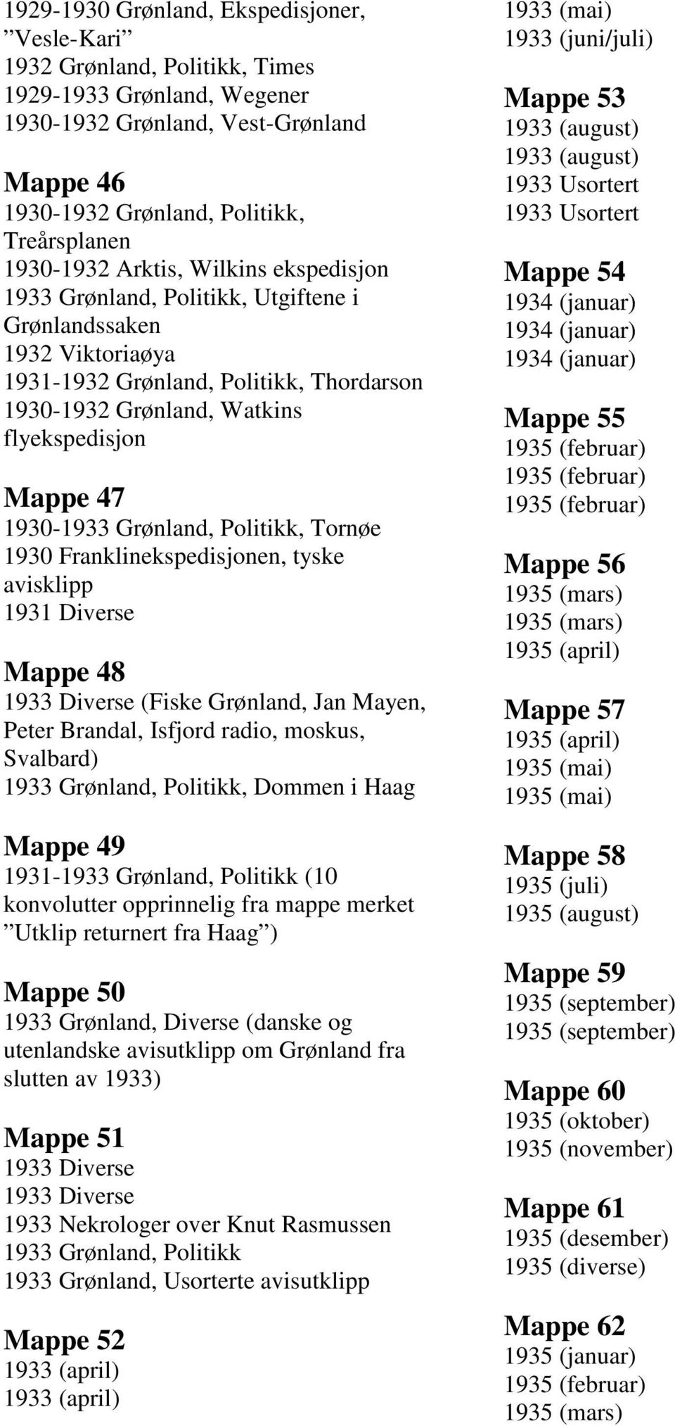 1930-1933 Grønland, Politikk, Tornøe 1930 Franklinekspedisjonen, tyske avisklipp 1931 Diverse Mappe 48 1933 Diverse (Fiske Grønland, Jan Mayen, Peter Brandal, Isfjord radio, moskus, Svalbard) 1933