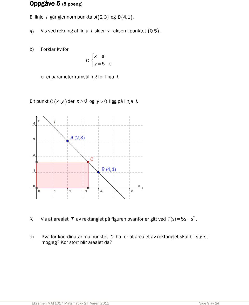 b) Forklar kvifor l : x = s y = 5 s er ei parameterframstilling for linja l.