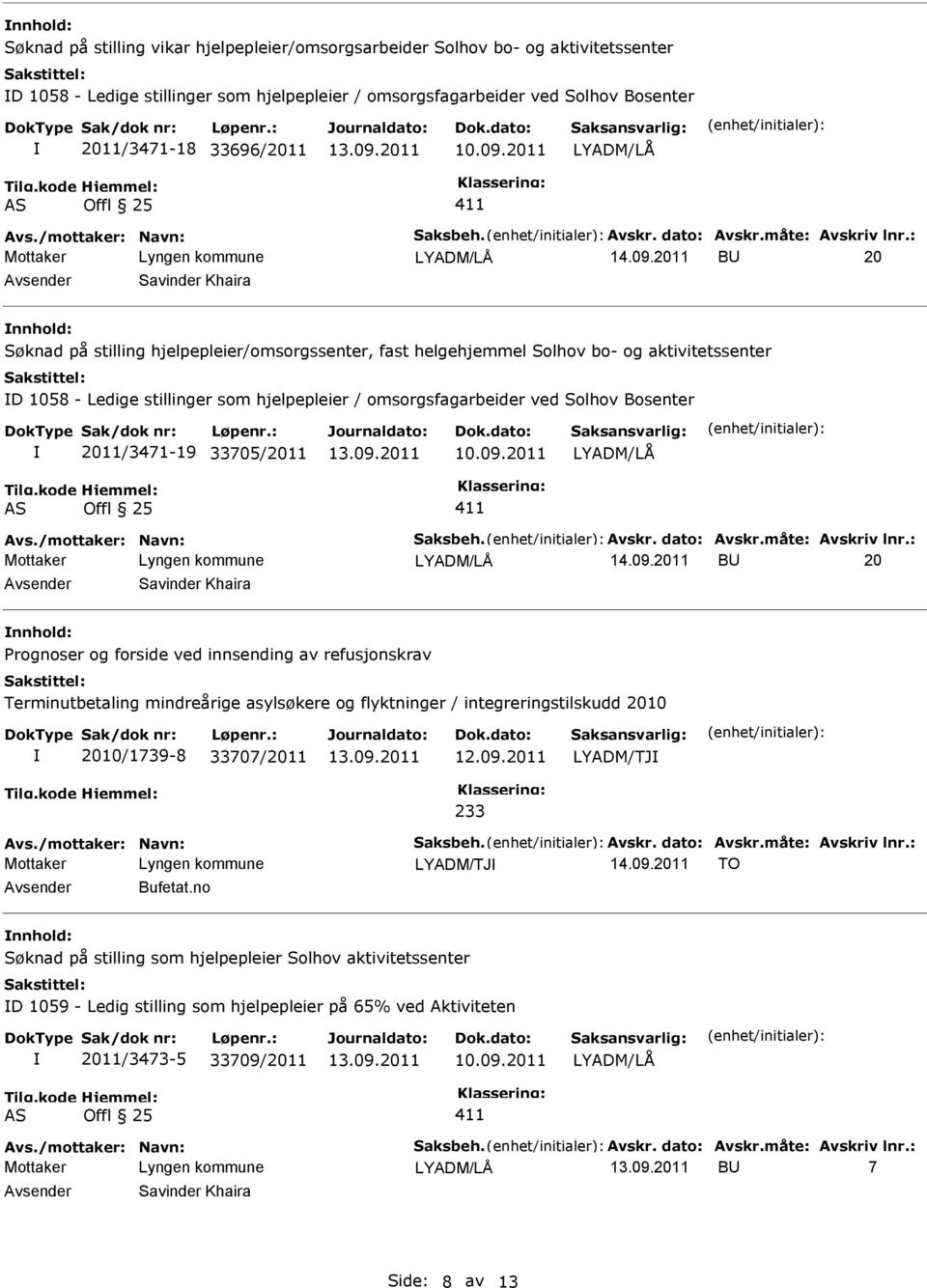 2011 BU 20 Avsender Savinder Khaira nnhold: Søknad på stilling hjelpepleier/omsorgssenter, fast helgehjemmel Solhov bo- og aktivitetssenter D 1058 - Ledige stillinger som hjelpepleier /