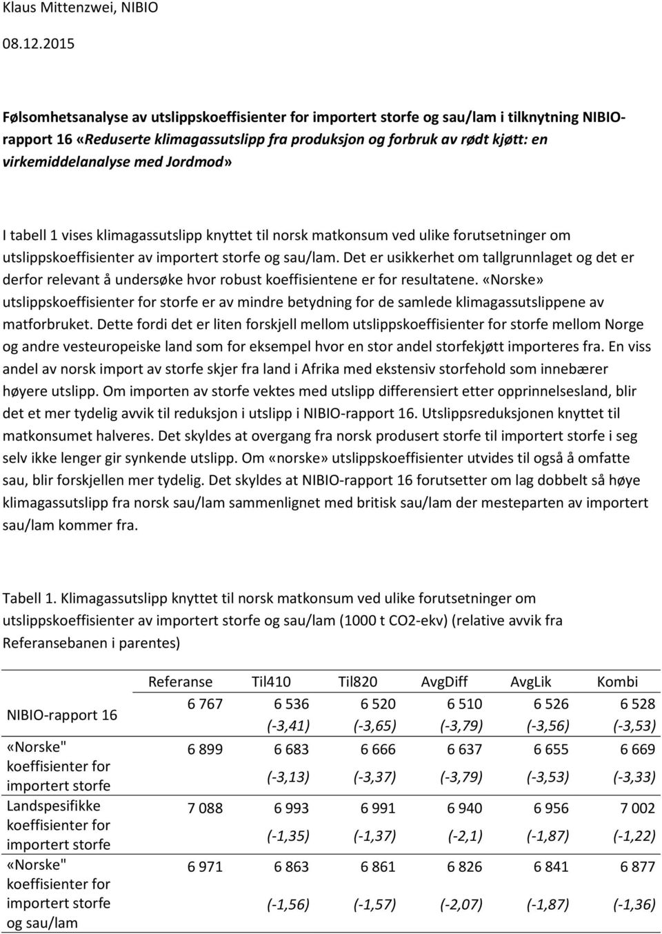 virkemiddelanalyse med Jordmod» I tabell 1 vises klimagassutslipp knyttet til norsk matkonsum ved ulike forutsetninger om utslippskoeffisienter av importert storfe og sau/lam.