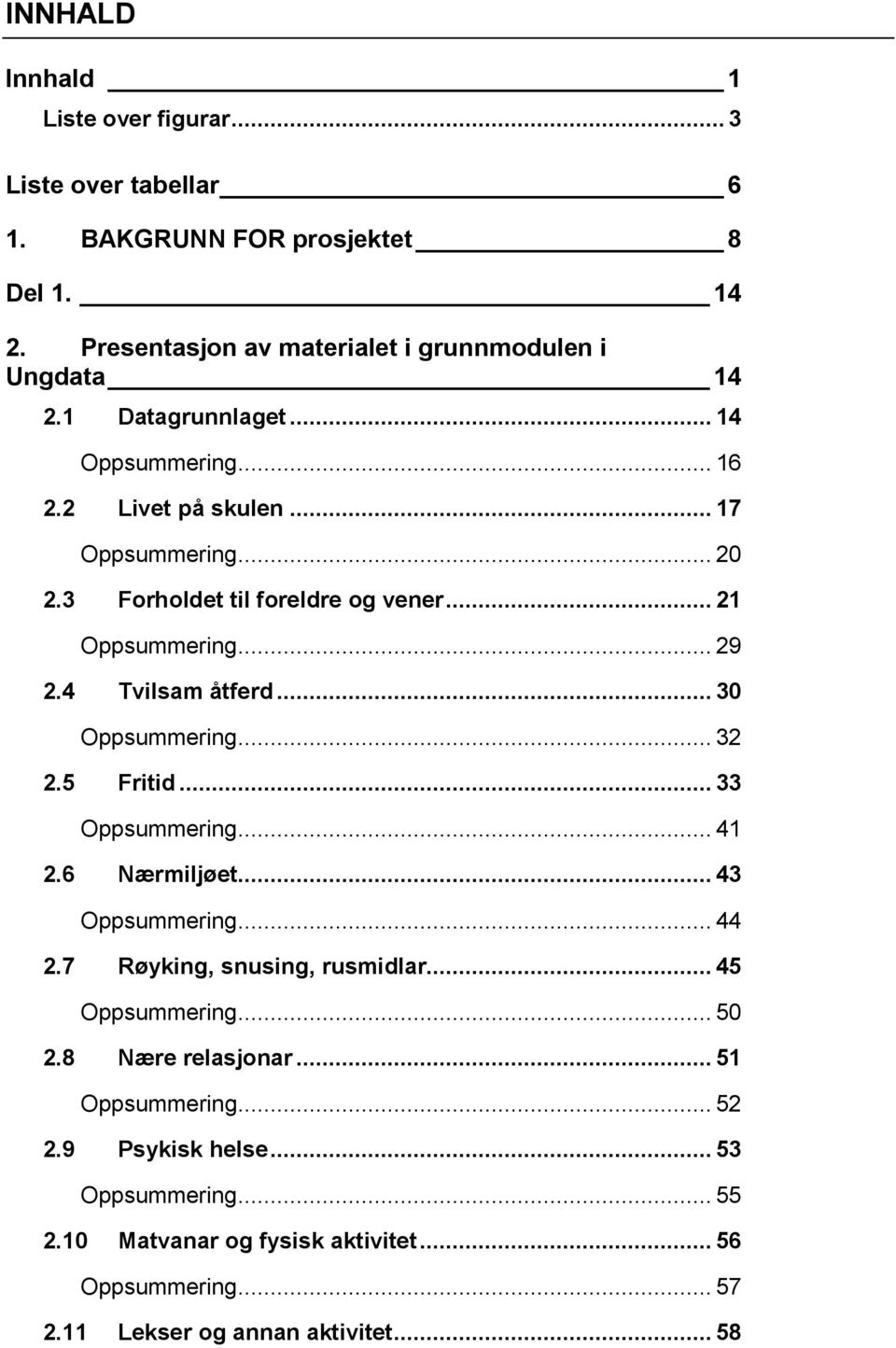 .. 30 Oppsummering... 32 2.5 Fritid... 33 Oppsummering... 41 2.6 Nærmiljøet... 43 Oppsummering... 44 2.7 Røyking, snusing, rusmidlar... 45 Oppsummering... 50 2.