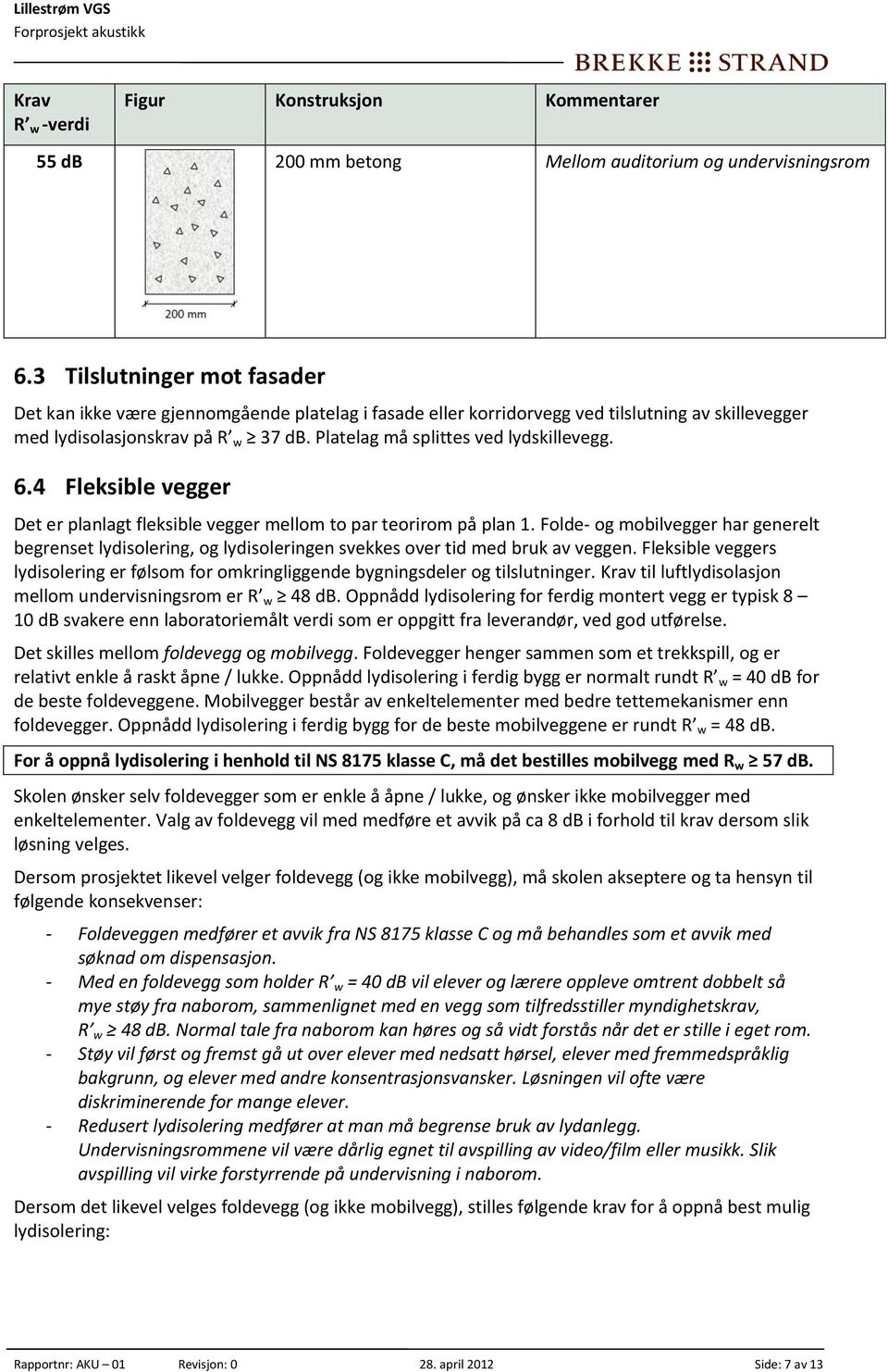 Platelag må splittes ved lydskillevegg. 6.4 Fleksible vegger Det er planlagt fleksible vegger mellom to par teorirom på plan 1.