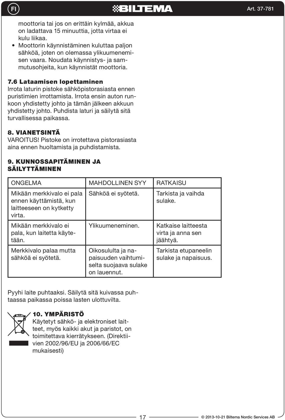 Irrota ensin auton runkoon yhdistetty johto ja tämän jälkeen akkuun yhdistetty johto. Puhdista laturi ja säilytä sitä turvallisessa paikassa. 8. VIANETSINTÄ VAROITUS!