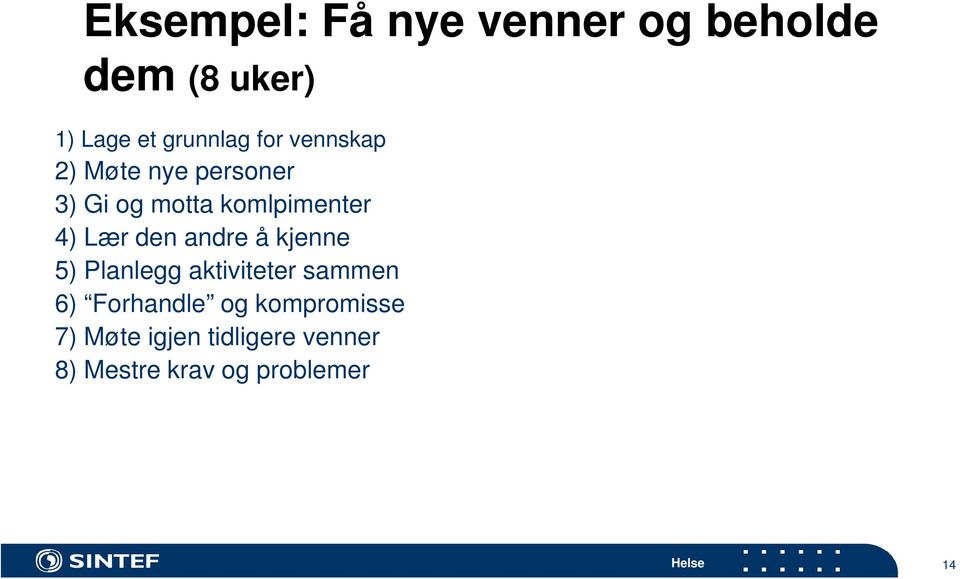 den andre å kjenne 5) Planlegg aktiviteter sammen 6) Forhandle og