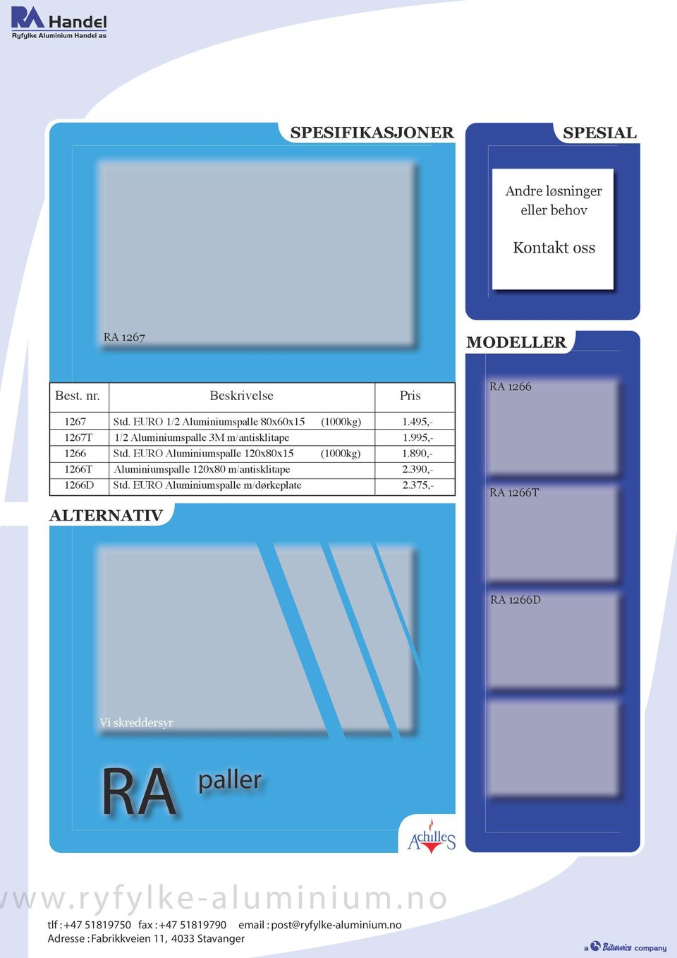 495,- 1267T 1/2 Aluminiumspalle 3M m/antisklitape 1.995,- 1266 Std.