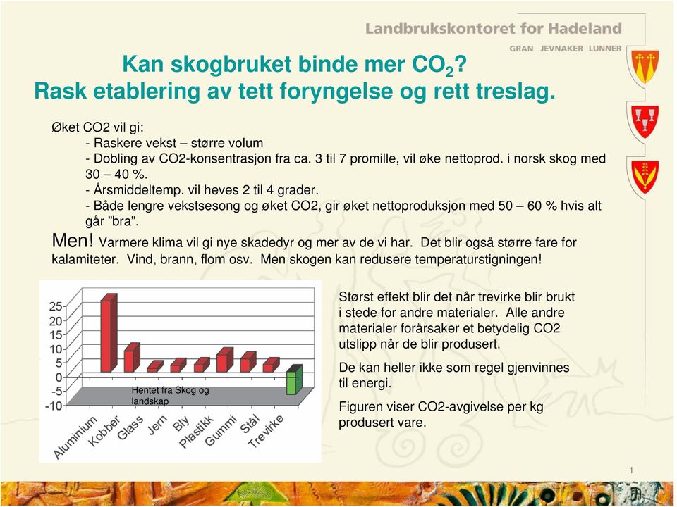 Men! Varmere klima vil gi nye skadedyr og mer av de vi har. Det blir også større fare for kalamiteter. Vind, brann, flom osv. Men skogen kan redusere temperaturstigningen!