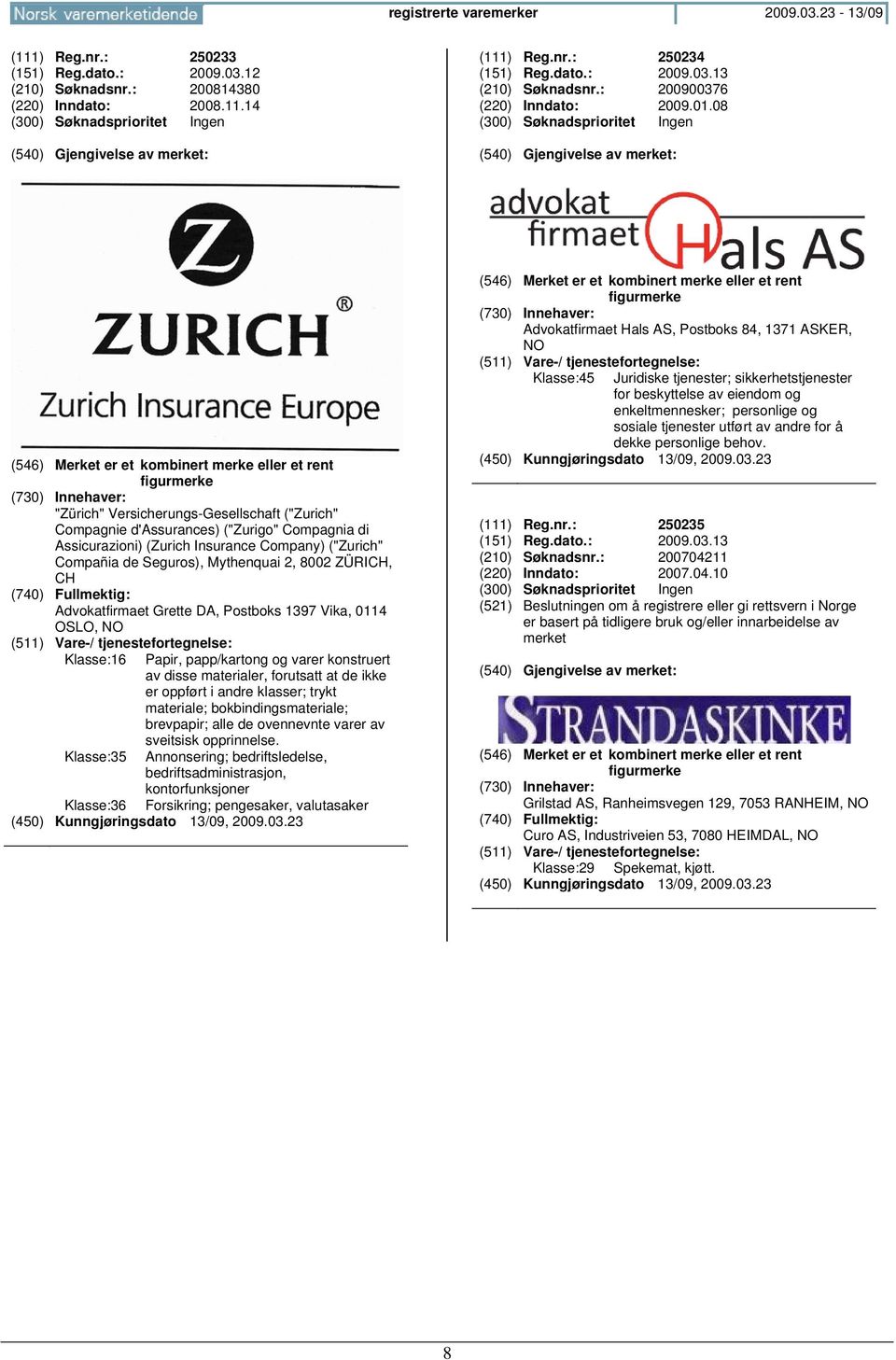 08 (300) Søknadsprioritet Ingen (546) Merket er et kombinert merke eller et rent figurmerke "Zürich" Versicherungs-Gesellschaft ("Zurich" Compagnie d'assurances) ("Zurigo" Compagnia di Assicurazioni)