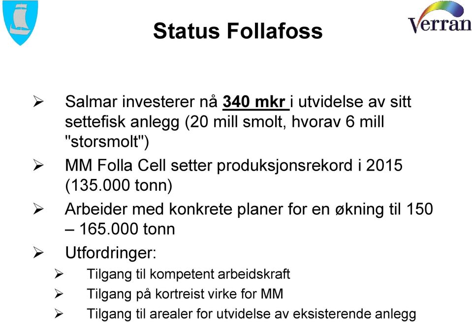 000 tonn) Arbeider med konkrete planer for en økning til 150 165.