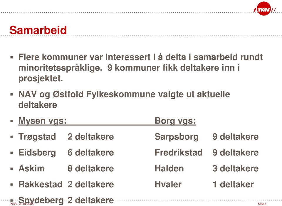 NAV og Østfold Fylkeskommune valgte ut aktuelle deltakere Mysen vgs: Borg vgs: Trøgstad 2 deltakere