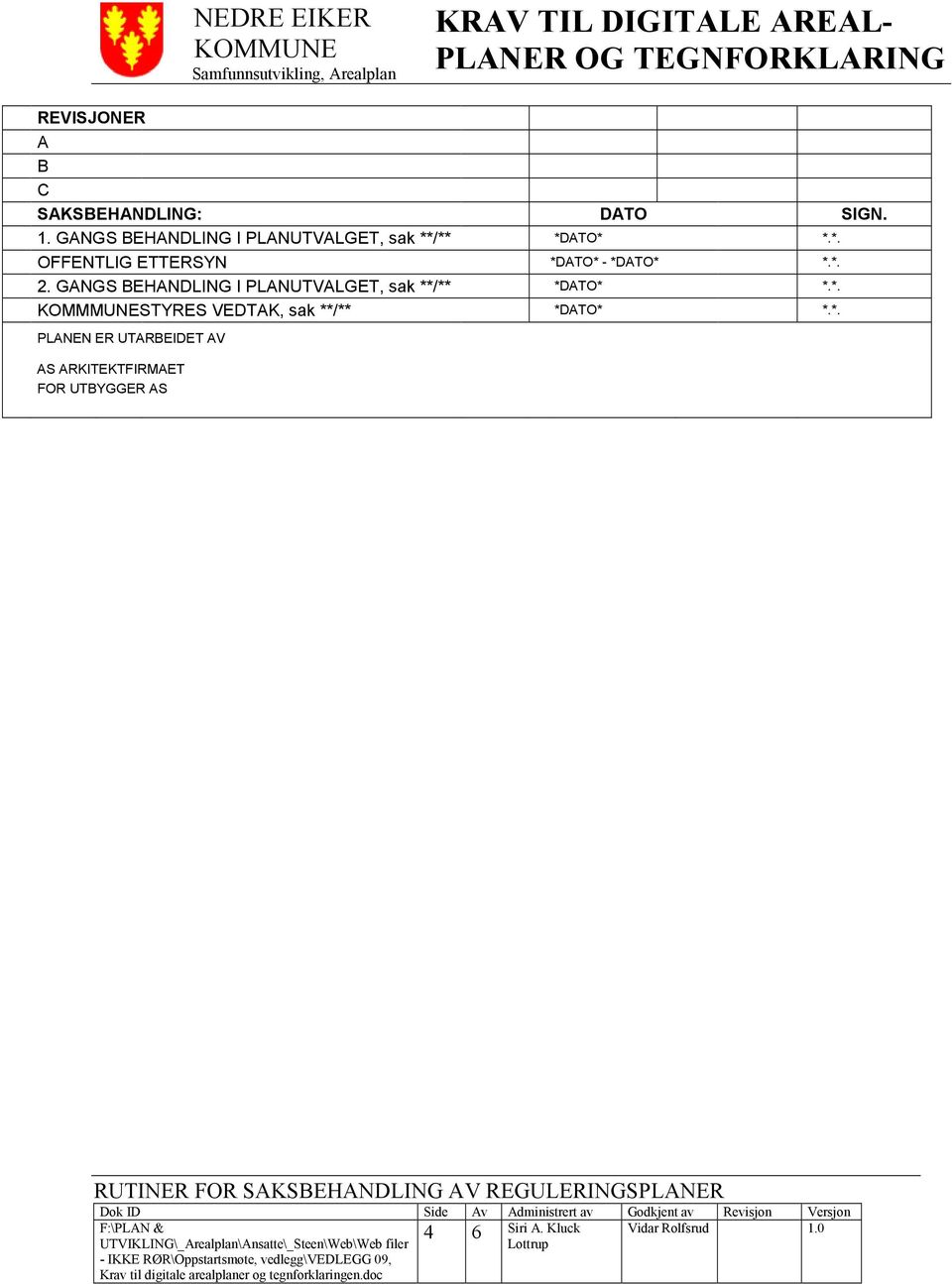 *. 2. GANGS BEHANDLING I PLANUTVALGET, sak **/** *DATO* *.*. KOMMMUNESTYRES VEDTAK, sak **/** *DATO* *.