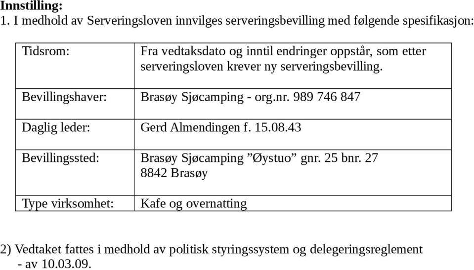 endringer oppstår, som etter serveringsloven krever ny serveringsbevilling. Bevillingshaver: Brasøy Sjøcamping - org.nr.
