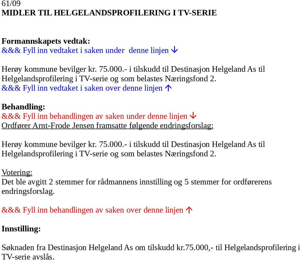 Ordfører Arnt-Frode Jensen framsatte følgende endringsforslag: Herøy kommune bevilger kr. 75.000.