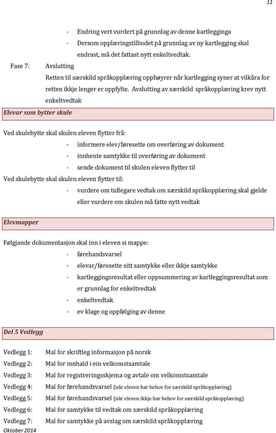 Avslutting av særskild språkopplæring krev nytt enkeltvedtak Elevar som bytter skule Ved skulebytte skal skulen eleven flytter frå: - informere elev/føresette om overføring av dokument - innhente