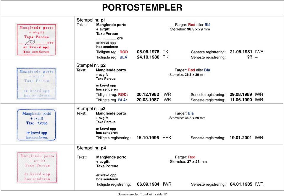 p2 Tekst: Manglende porto Farger: Rød eller Blå + avgift Størrelse: 36,5 x 29 mm Taxe Percue er krevd opp hos senderen Tidligste reg. RØD: 20.12.1982 IWR Seneste registrering: 29.08.