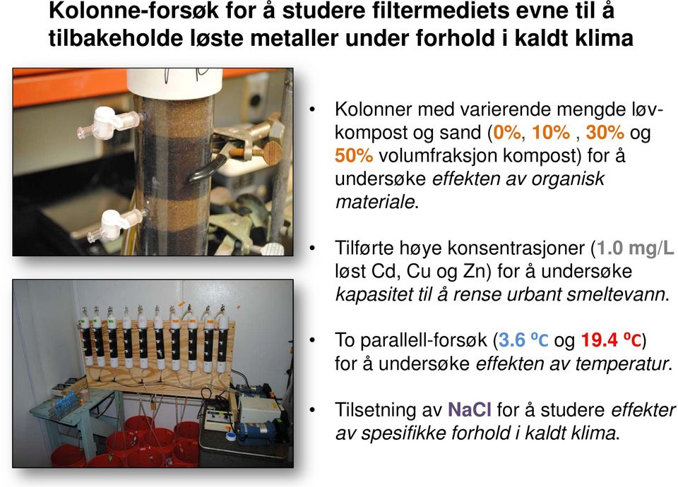 Tilførte høye konsentrasjoner (1.0 mg/l løst Cd, Cu og Zn) for å undersøke kapasitet til å rense urbant smeltevann.