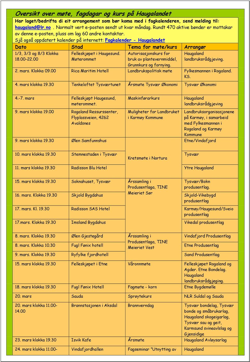 Sjå også oppdatert kalender på internett: Fagkalender - et Dato Stad Tema for møte/kurs Arrangør 1/3, 3/3 og 8/3 Klokka 18.00-22.00 Felleskjøpet i Haugesund.
