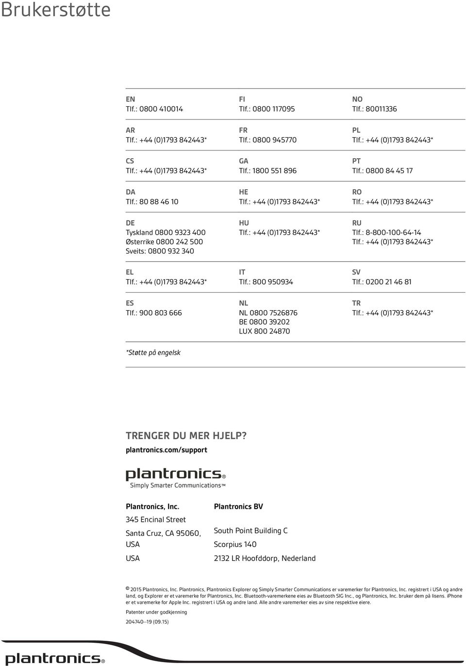 : 0200 21 46 81 TR *Støtte på engelsk TRENGER DU MER HJELP? plantronics.com/support Plantronics, Inc.