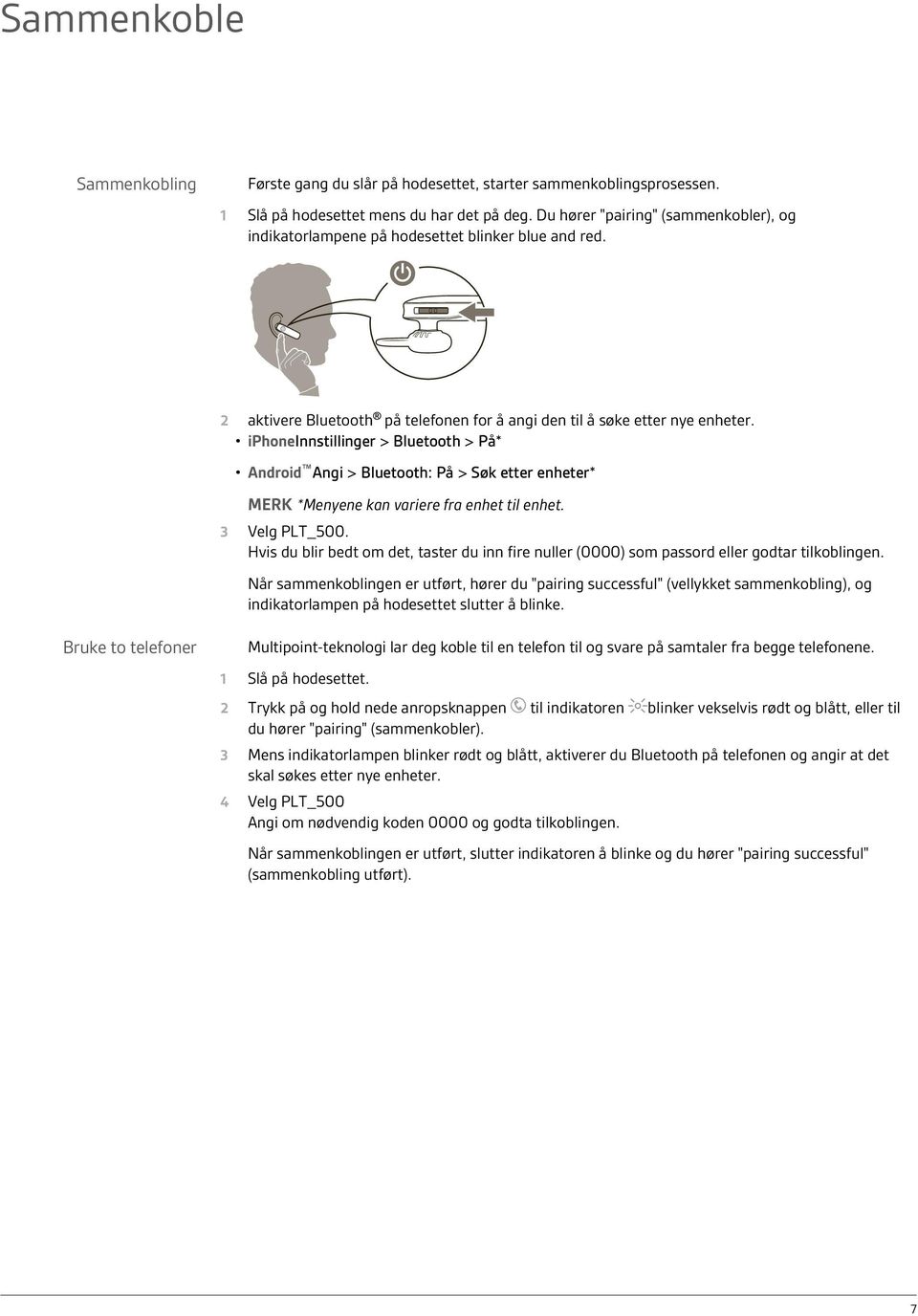 iphoneinnstillinger > Bluetooth > På* Android Angi > Bluetooth: På > Søk etter enheter* MERK *Menyene kan variere fra enhet til enhet. 3 Velg PLT_500.