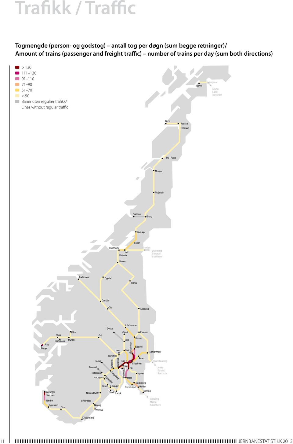 Stockholm 91-110 71-90 51-70 < 50 Bodø Fauske ( Rognan 0 Mo i Rana Mosjøen Majavatn Namsos Grong Steinkjer Trondheim ( Hell Heimdal Støren ( Skogn Storlien Østersund Sundsvall Stockholm Åndalsnes