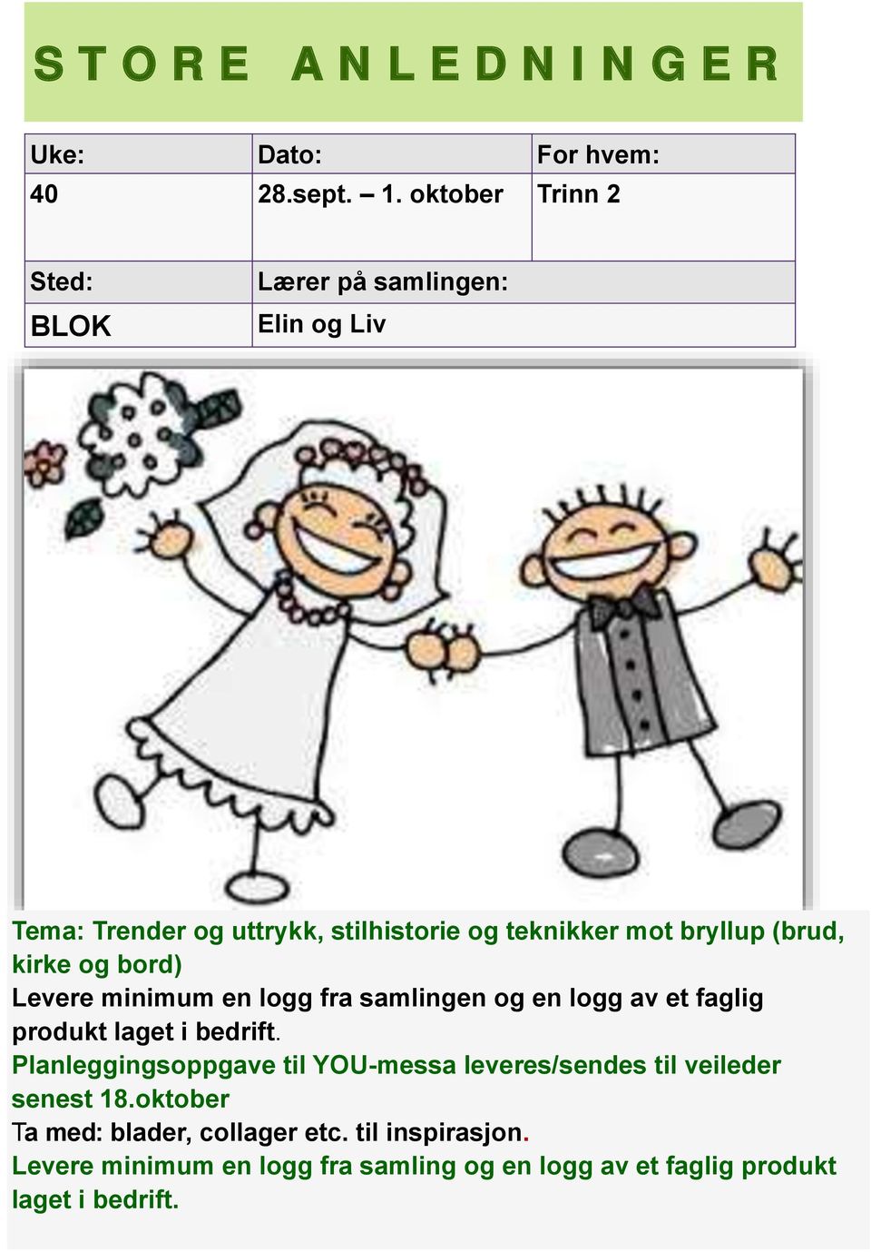 (brud, kirke og bord) Levere minimum en logg fra samlingen og en logg av et faglig produkt laget i bedrift.