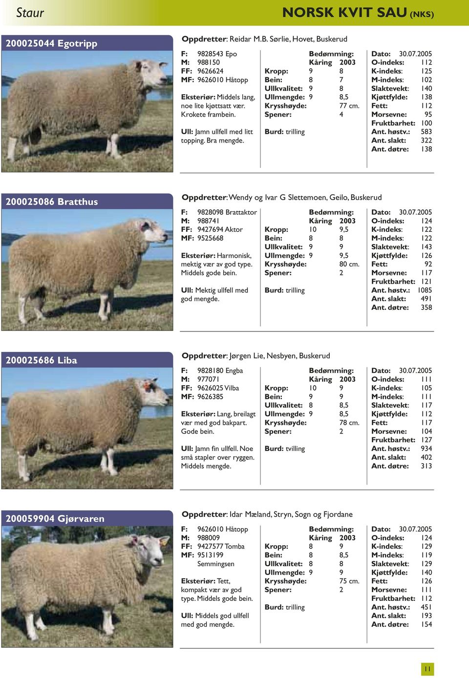 Spener: 4 O-indeks: 112 K-indeks: 125 M-indeks: 102 Slaktevekt: 140 Kjøttfylde: 138 Fett: 112 Morsevne: 95 Fruktbarhet: 100 Ant. høstv.: 583 Ant. slakt: 322 Ant.