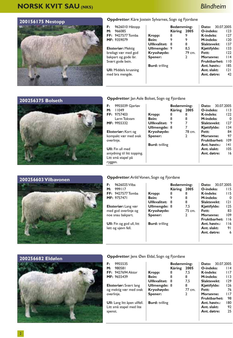 Blindheim O-indeks: 123 K-indeks: 127 M-indeks: 120 Slaktevekt: 137 Kjøttfylde: 133 Fett: 122 Morsevne: 114 Fruktbarhet: 110 Ant. høstv.: 185 Ant. slakt: 121 Ant.