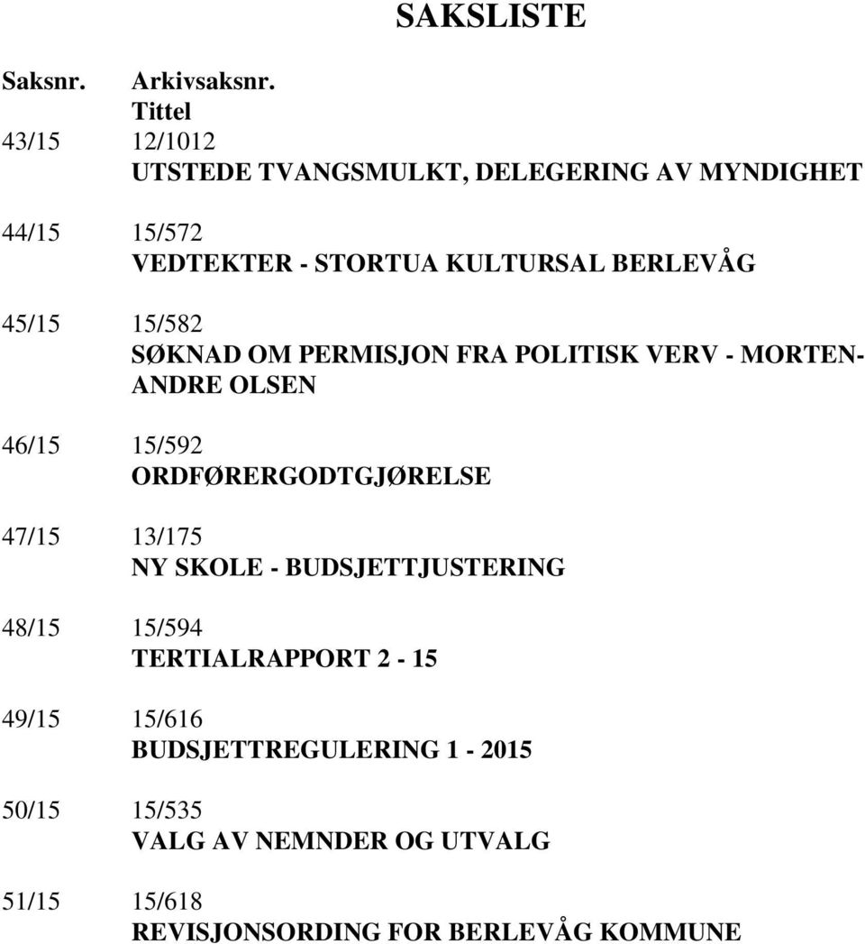 BERLEVÅG 45/15 15/582 SØKNAD OM PERMISJON FRA POLITISK VERV - MORTEN- ANDRE OLSEN 46/15 15/592