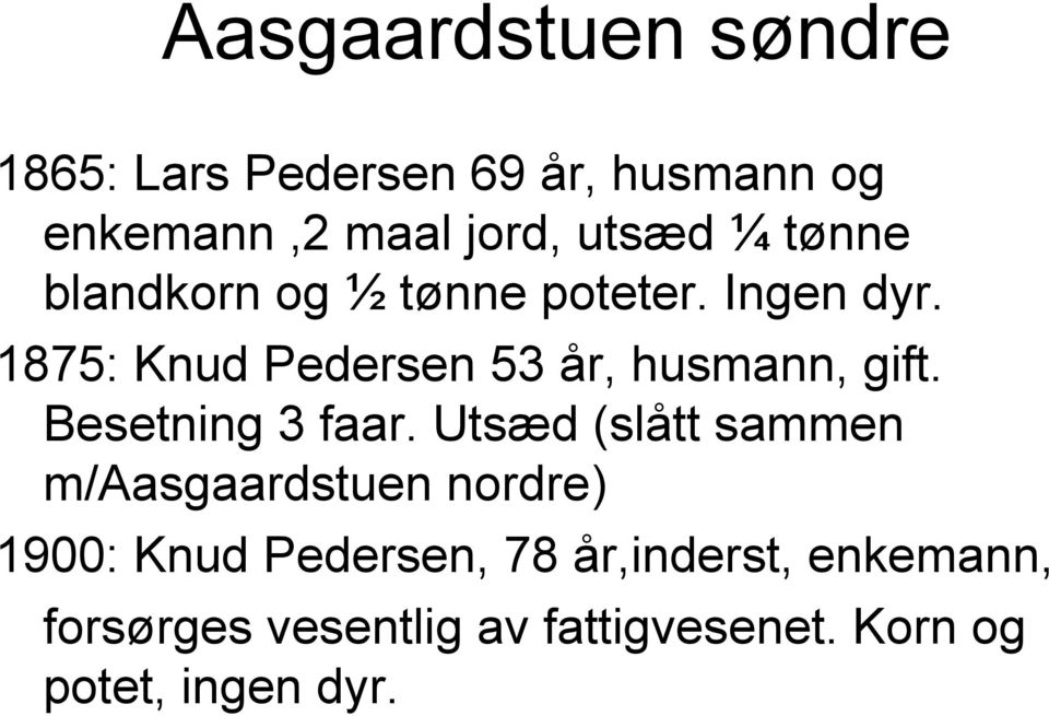 1875: Knud Pedersen 53 år, husmann, gift. Besetning 3 faar.