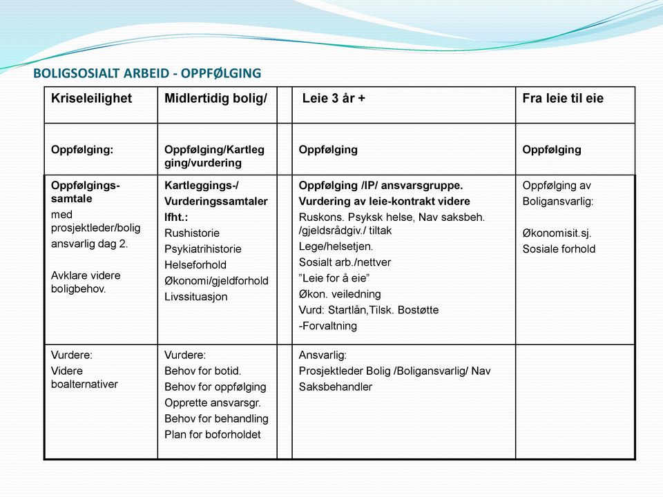 : Rushistorie Psykiatrihistorie Helseforhold Økonomi/gjeldforhold Livssituasjon Oppfølging /IP/ ansvarsgruppe. Vurdering av leie-kontrakt videre Ruskons. Psyksk helse, Nav saksbeh. /gjeldsrådgiv.