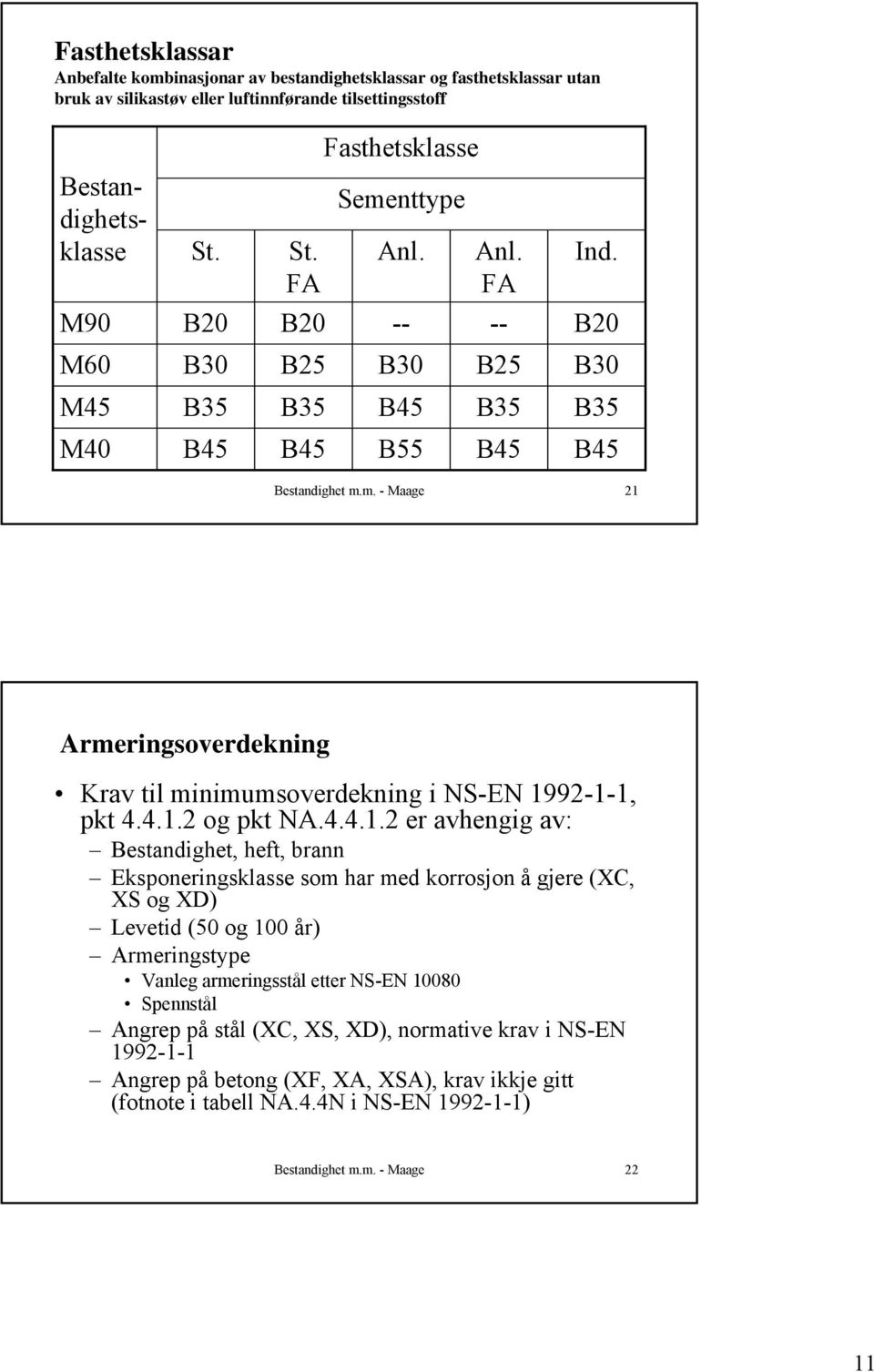 4.1.2 og pkt NA.4.4.1.2 er avhengig av: Bestandighet, heft, brann Eksponeringsklasse som har med korrosjon å gjere (XC, XS og XD) Levetid (50 og 100 år) Armeringstype Vanleg armeringsstål etter NS-EN