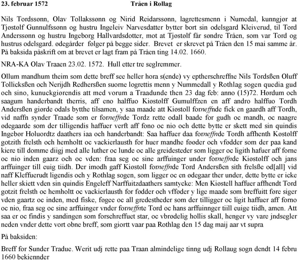 Brevet er skrevet på Tråen den 15 mai samme år. På baksida påskrift om at brevet er lagt fram på Tråen ting 14.02. 1660. NRA-KA Olav Traaen 23.02. 1572. Hull etter tre seglremmer.