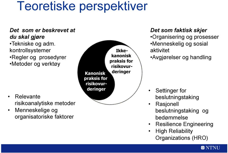 Kanonisk praksis for risikovurderinger Ikkekanonisk praksis for risikovurderinger Det som faktisk skjer Organisering og prosesser