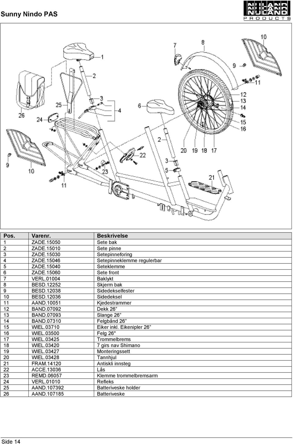 07093 Slange 26 14 BAND.07310 Felgbånd 26 15 WIEL.03710 Eiker inkl. Eikenipler 26 16 WIEL.03500 Felg 26" 17 WIEL.03425 Trommelbrems 18 WIEL.03420 7 girs nav Shimano 19 WIEL.