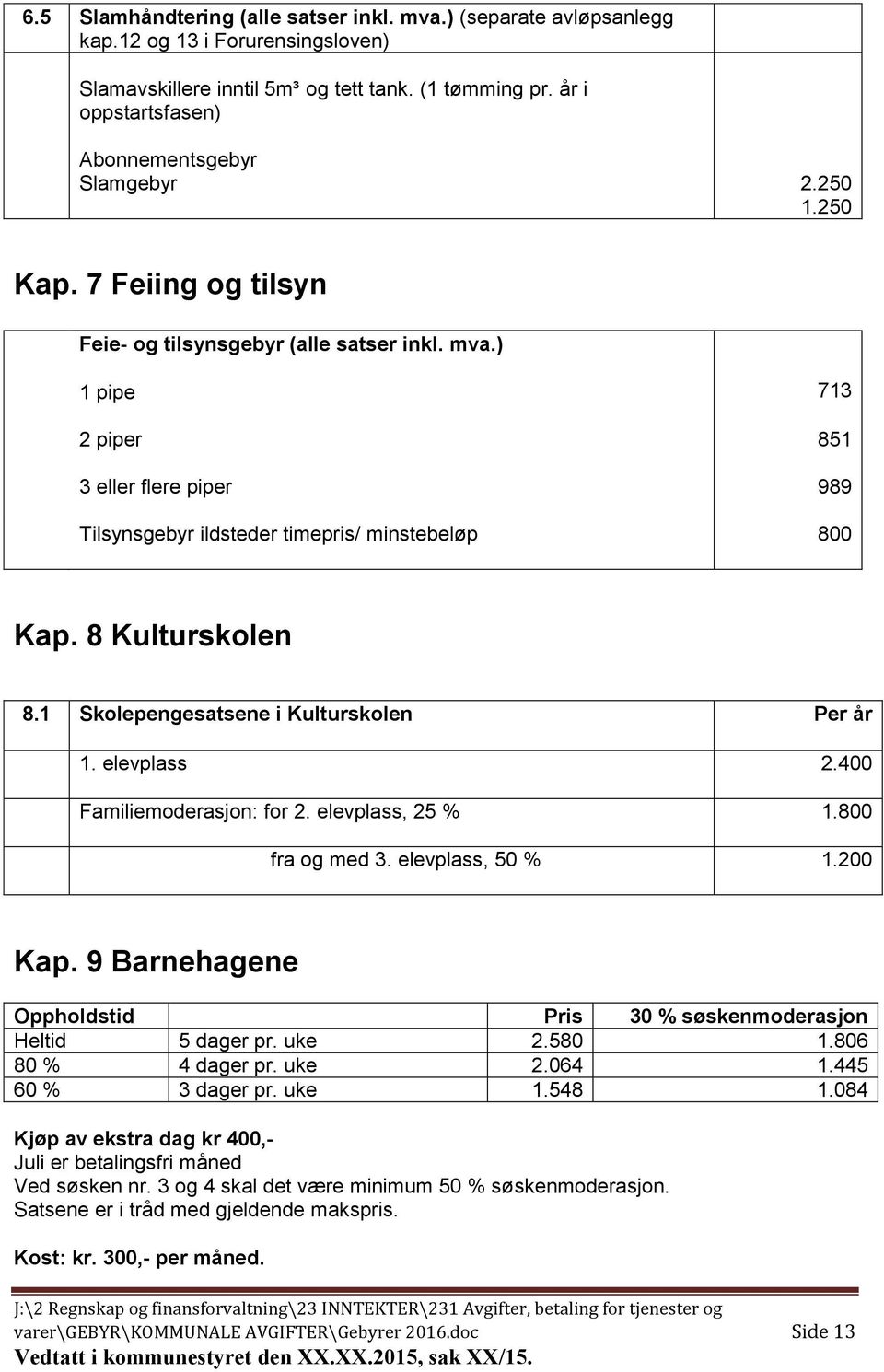 ) 1 pipe 713 2 piper 851 3 eller flere piper 989 Tilsynsgebyr ildsteder timepris/ minstebeløp 800 Kap. 8 Kulturskolen 8.1 Skolepengesatsene i Kulturskolen Per år 1. elevplass 2.