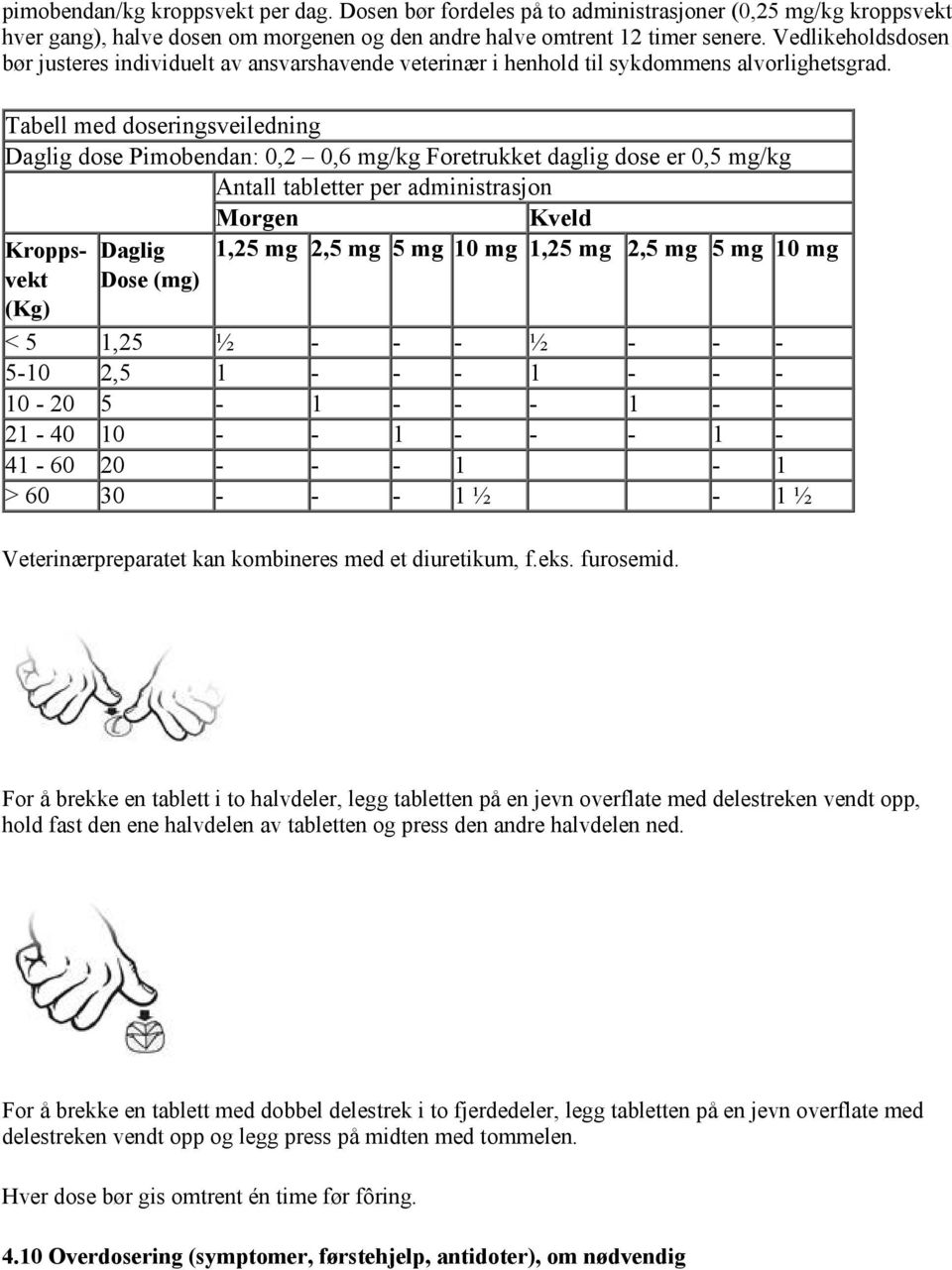 Tabell med doseringsveiledning Daglig dose Pimobendan: 0,2 0,6 mg/kg Foretrukket daglig dose er 0,5 mg/kg Antall tabletter per administrasjon Morgen Kveld Kroppsvekt (Kg) Daglig Dose (mg) 1,25 mg 2,5