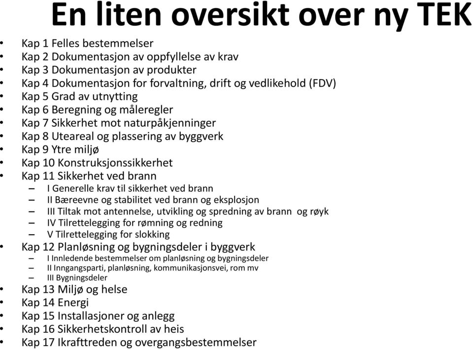 brann I Generelle krav til sikkerhet ved brann II Bæreevne og stabilitet ved brann og eksplosjon III Tiltak mot antennelse, utvikling og spredning av brann og røyk IV Tilrettelegging for rømning og