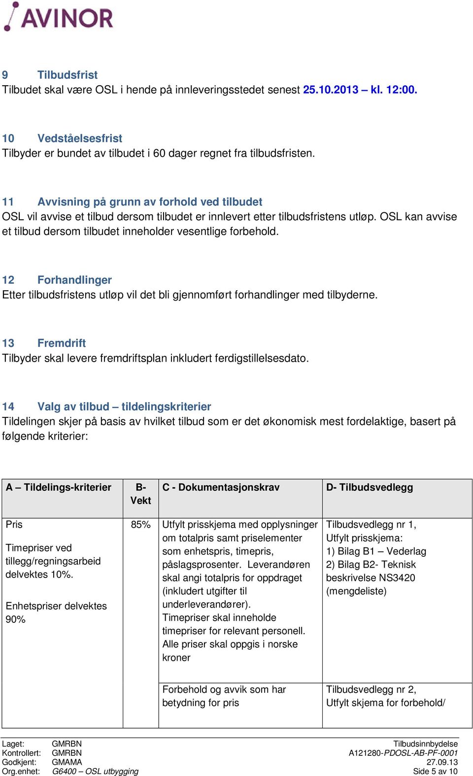 OSL kan avvise et tilbud dersom tilbudet inneholder vesentlige forbehold. 12 Forhandlinger Etter tilbudsfristens utløp vil det bli gjennomført forhandlinger med tilbyderne.