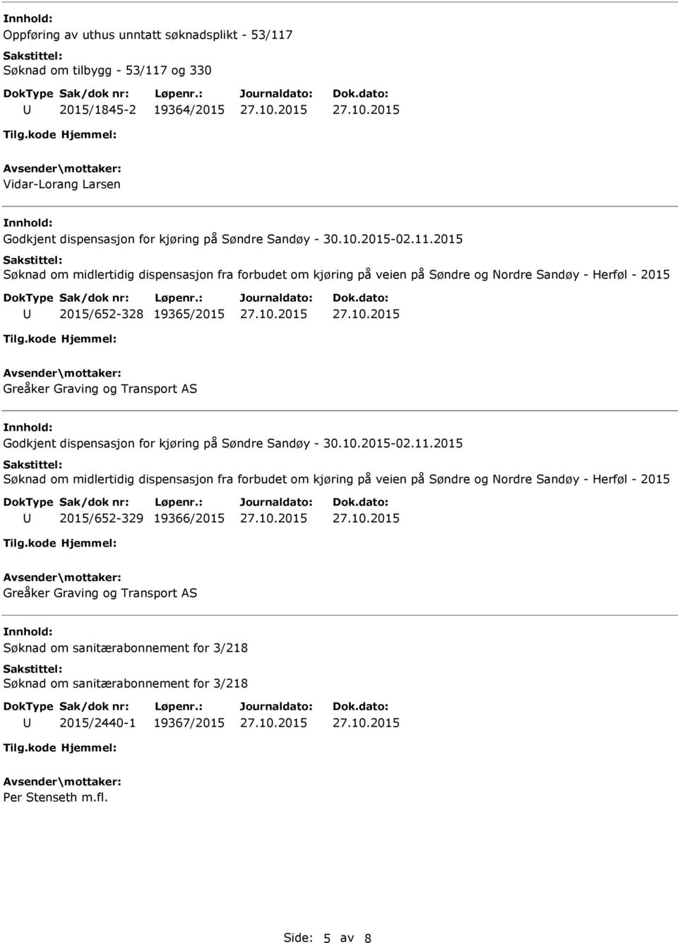 2015 Søknad om midlertidig dispensasjon fra forbudet om kjøring på veien på Søndre og Nordre Sandøy - Herføl - 2015 2015/652-328 19365/2015 Greåker Graving og Transport AS Godkjent