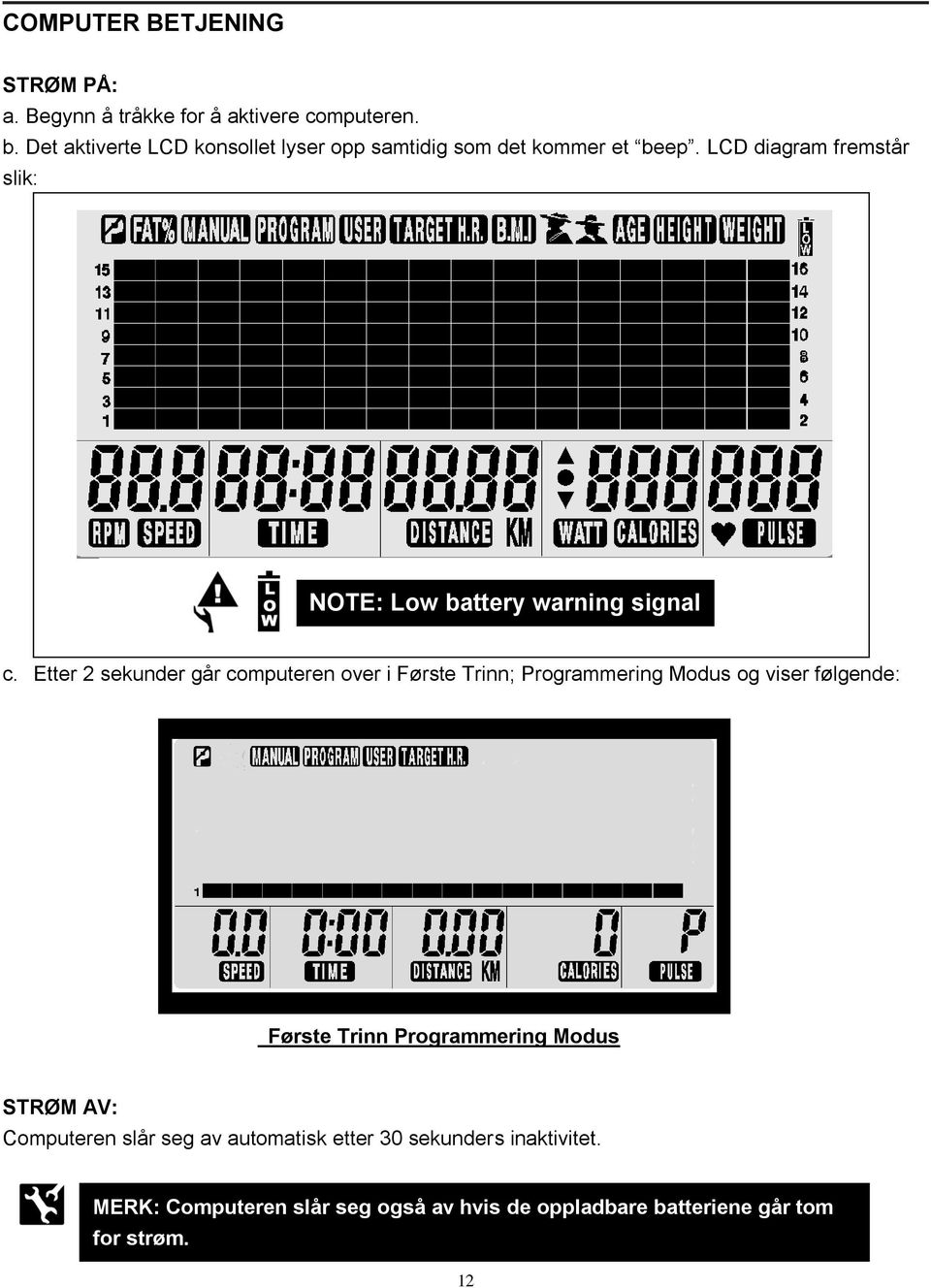 LCD diagram fremstår slik: NOTE: Low battery warning signal c.