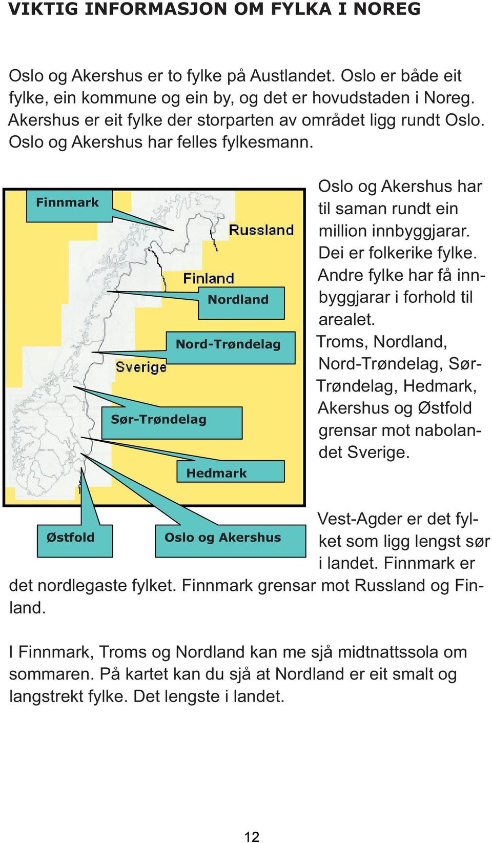 Finnmark Nordland Nord-Trøndelag Sør-Trøndelag Hedmark Oslo og Akershus har til saman rundt ein million innbyggjarar. Dei er folkerike fylke. Andre fylke har få innbyggjarar i forhold til arealet.