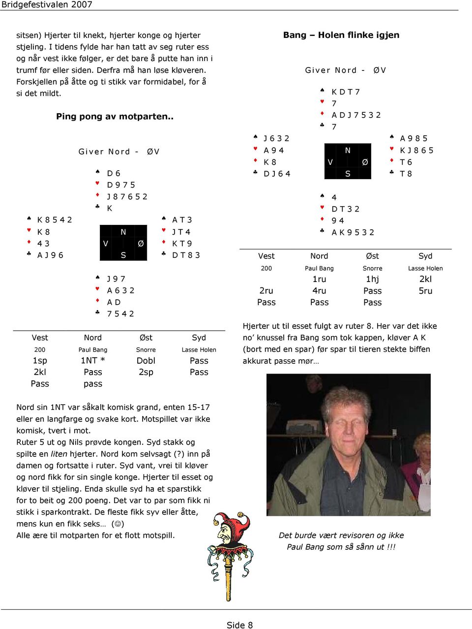 . Giver Nord - ØV D 6 D 9 7 5 J 8 7 6 5 2 K K 8 5 4 2 A T 3 K 8 N J T 4 4 3 V Ø K T 9 A J 9 6 S D T 8 3 J 9 7 A 6 3 2 A D 7 5 4 2 200 Paul Bang Snorre Lasse Holen 1sp 1NT * Dobl Pass 2kl Pass 2sp