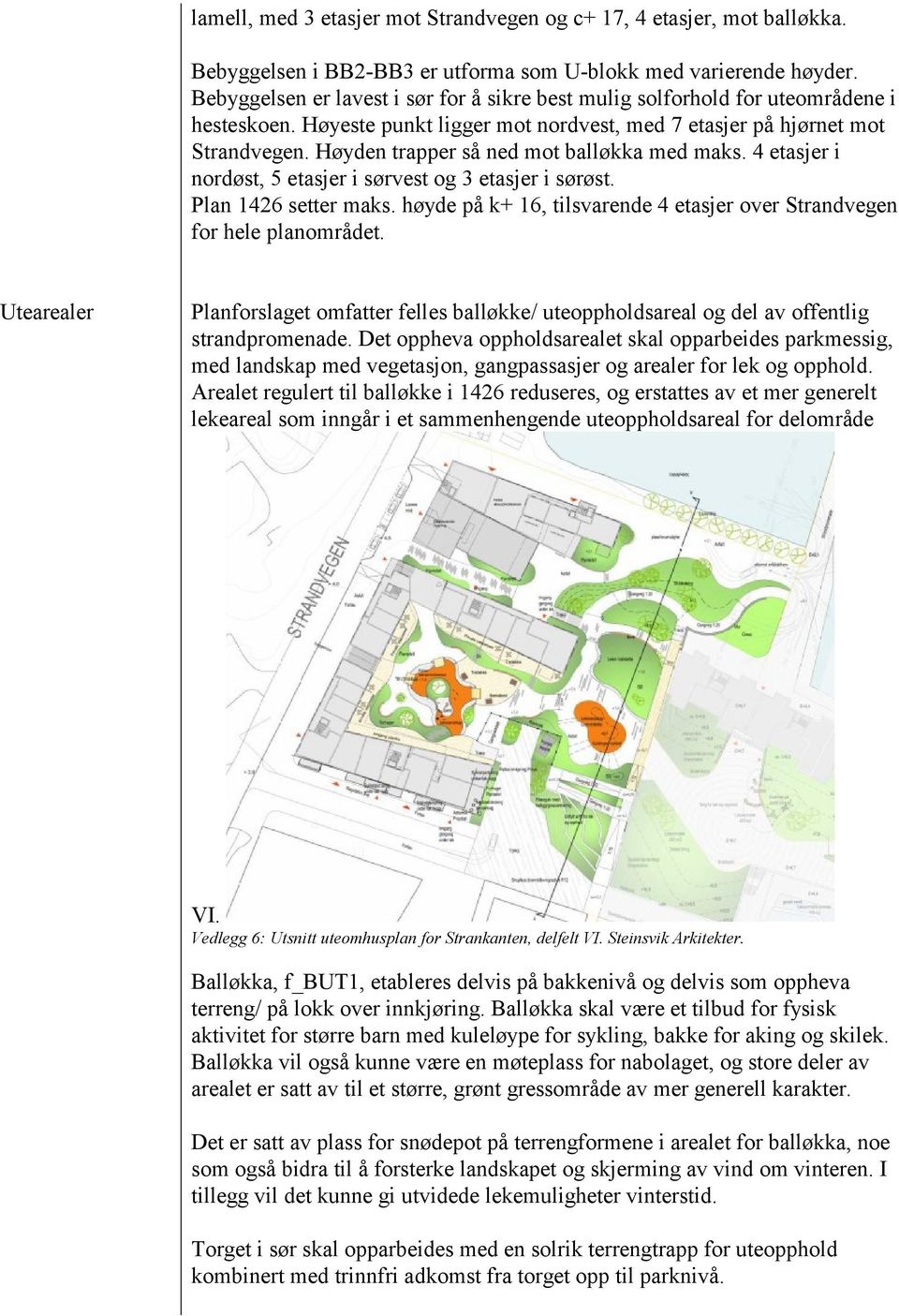 Høyden trapper så ned mot balløkka med maks. 4 etasjer i nordøst, 5 etasjer i sørvest og 3 etasjer i sørøst. Plan 1426 setter maks.