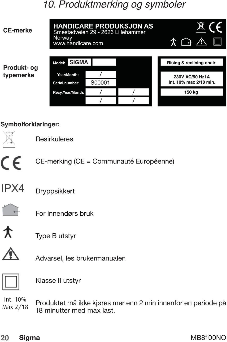 For innendørs bruk Type B utstyr Advarsel, les brukermanualen Klasse II utstyr Int.