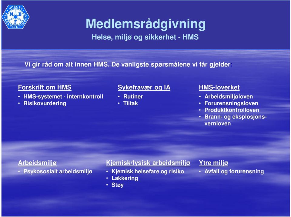 og IA Rutiner Tiltak HMS-loverket Arbeidsmiljøloven Forurensningsloven Produktkontrolloven Brann- og