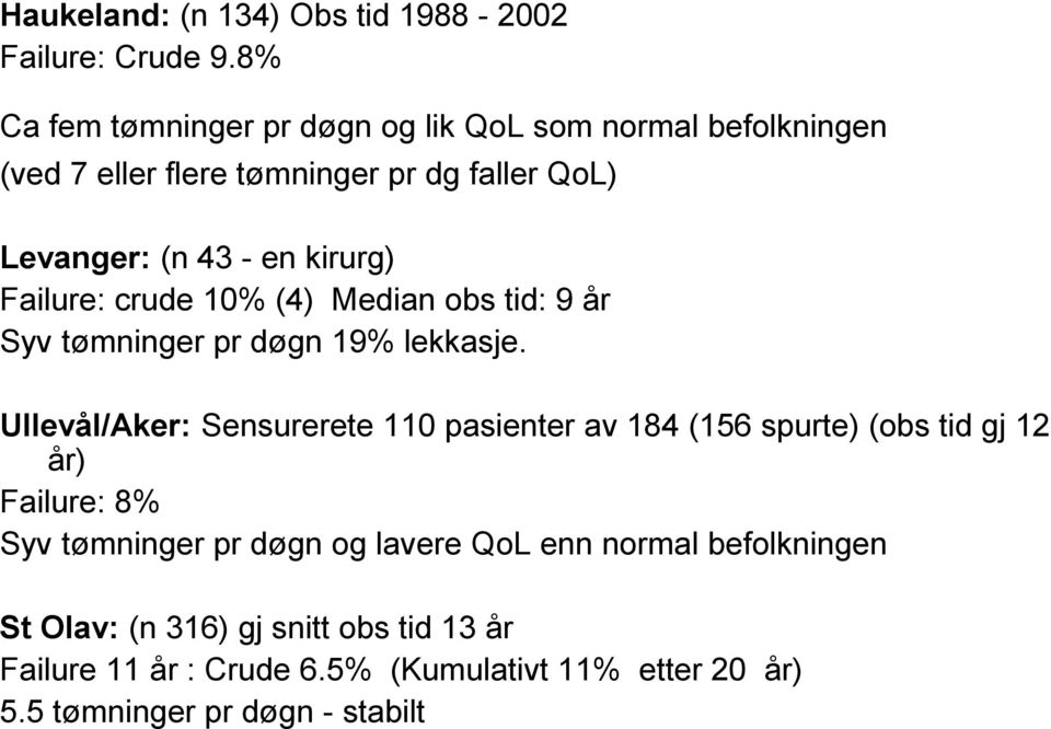 kirurg) Failure: crude 10% (4) Median obs tid: 9 år Syv tømninger pr døgn 19% lekkasje.