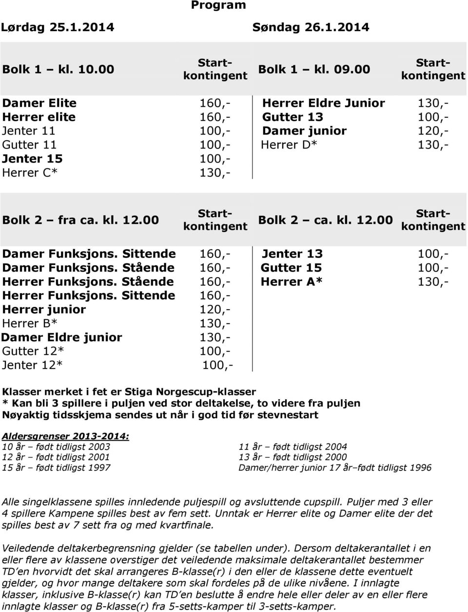 Bolk 2 fra ca. kl. 12.00 Bolk 2 ca. kl. 12.00 Start- Startkontingent kontingent Damer Funksjons. Sittende 160,- Jenter 13 100,- Damer Funksjons. Stående 160,- Gutter 15 100,- Herrer Funksjons.