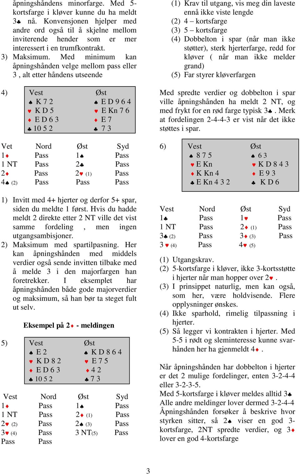 Med minimum kan åpningshånden velge mellom pass eller 3, alt etter håndens utseende 4) Vest Øst K 7 2 E D 9 6 4 K D 5 E Kn 7 6 E D 6 3 E 7 10 5 2 7 3 Vet Nord Øst Syd 2 Pass 2 (1) Pass 4 (2) Pass
