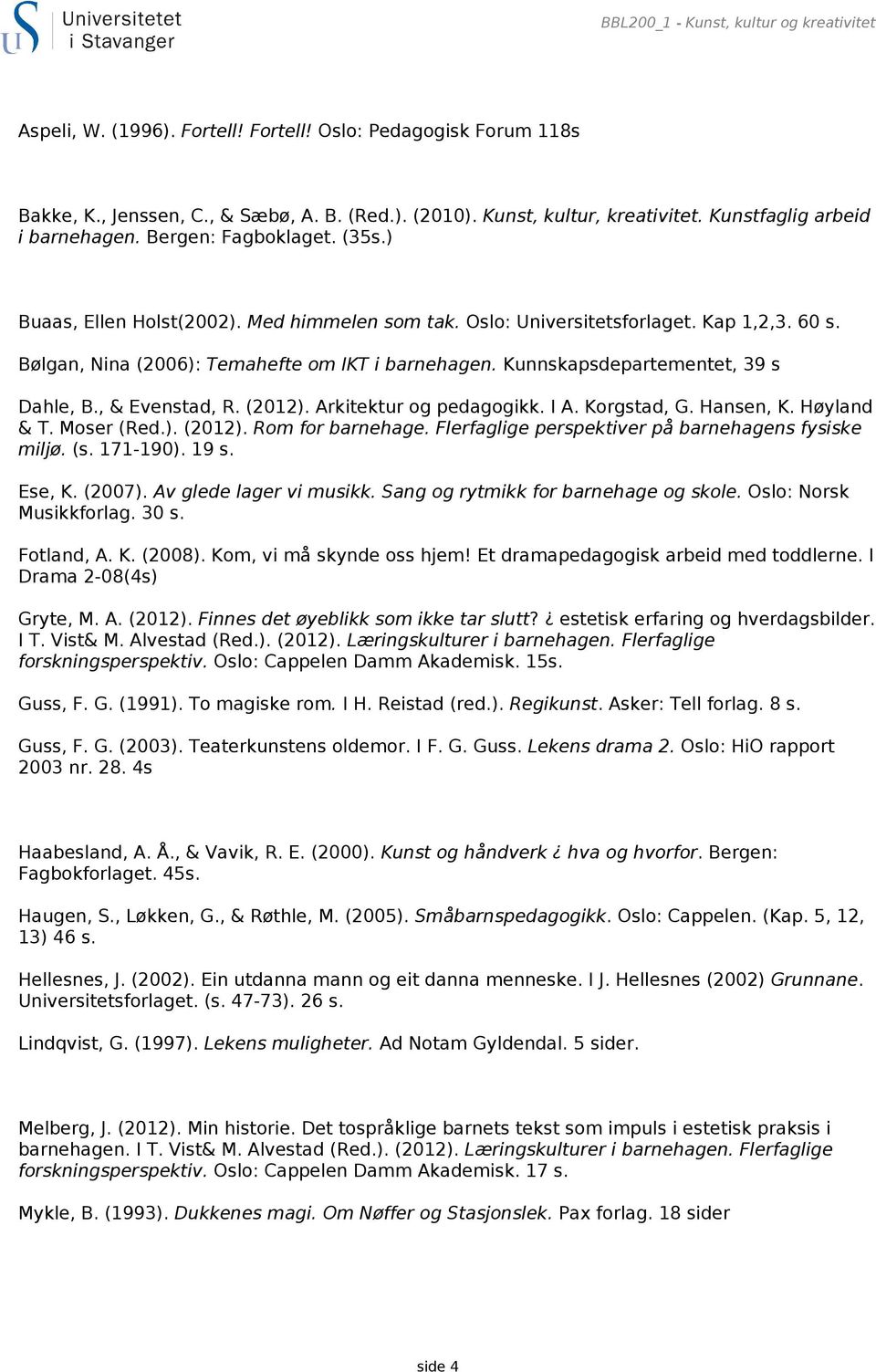 Bølgan, Nina (2006): Temahefte om IKT i barnehagen. Kunnskapsdepartementet, 39 s Dahle, B., & Evenstad, R. (2012). Arkitektur og pedagogikk. I A. Korgstad, G. Hansen, K. Høyland & T. Moser (Red.). (2012). Rom for barnehage.