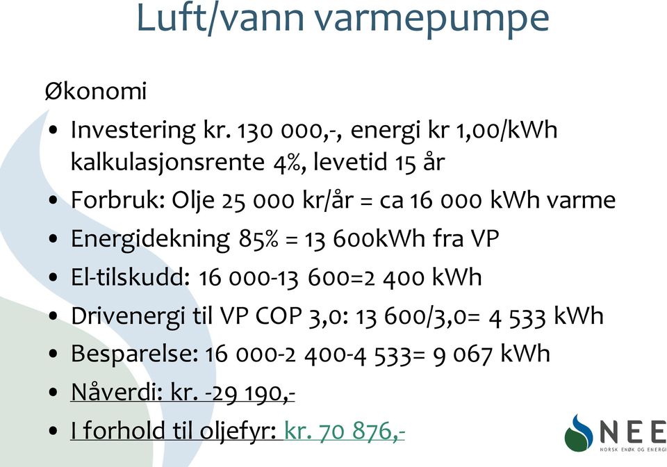 ca 16 000 kwh varme Energidekning 85% = 13 600kWh fra VP El-tilskudd: 16 000-13 600=2 400 kwh