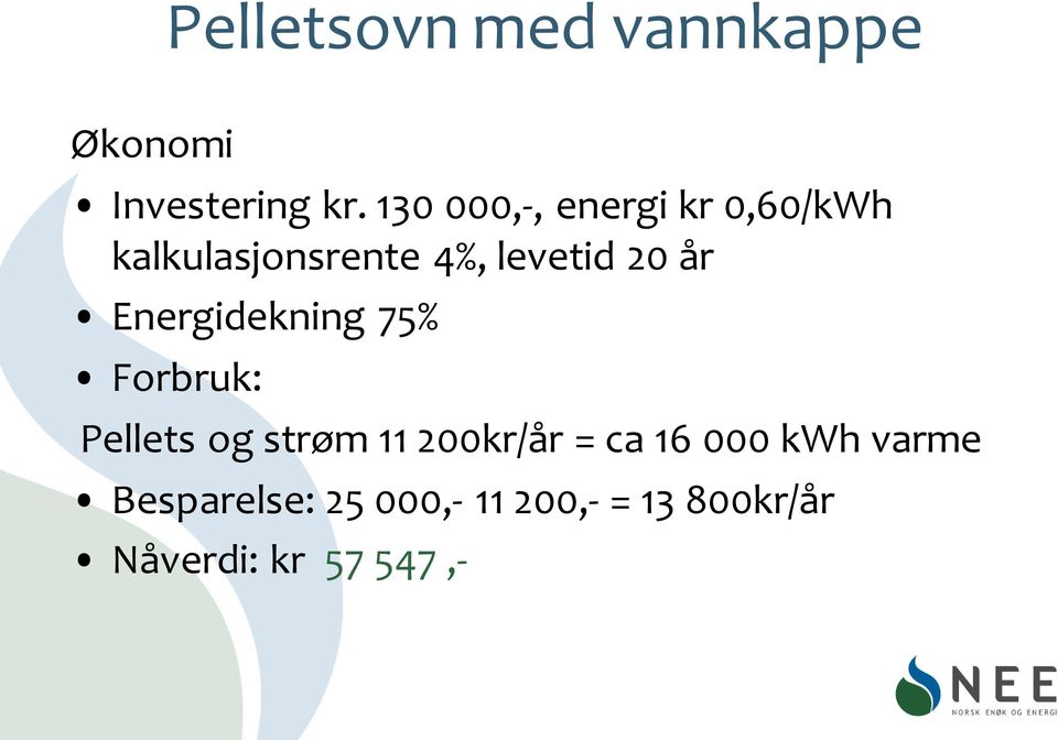 år Energidekning 75% Forbruk: Pellets og strøm 11 200kr/år = ca